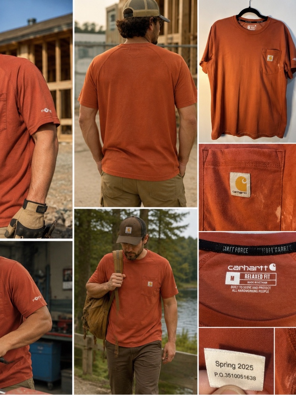 Carhartt Force Shirt Men Medium Red Orange Moisture Wick Utility Performance Tee